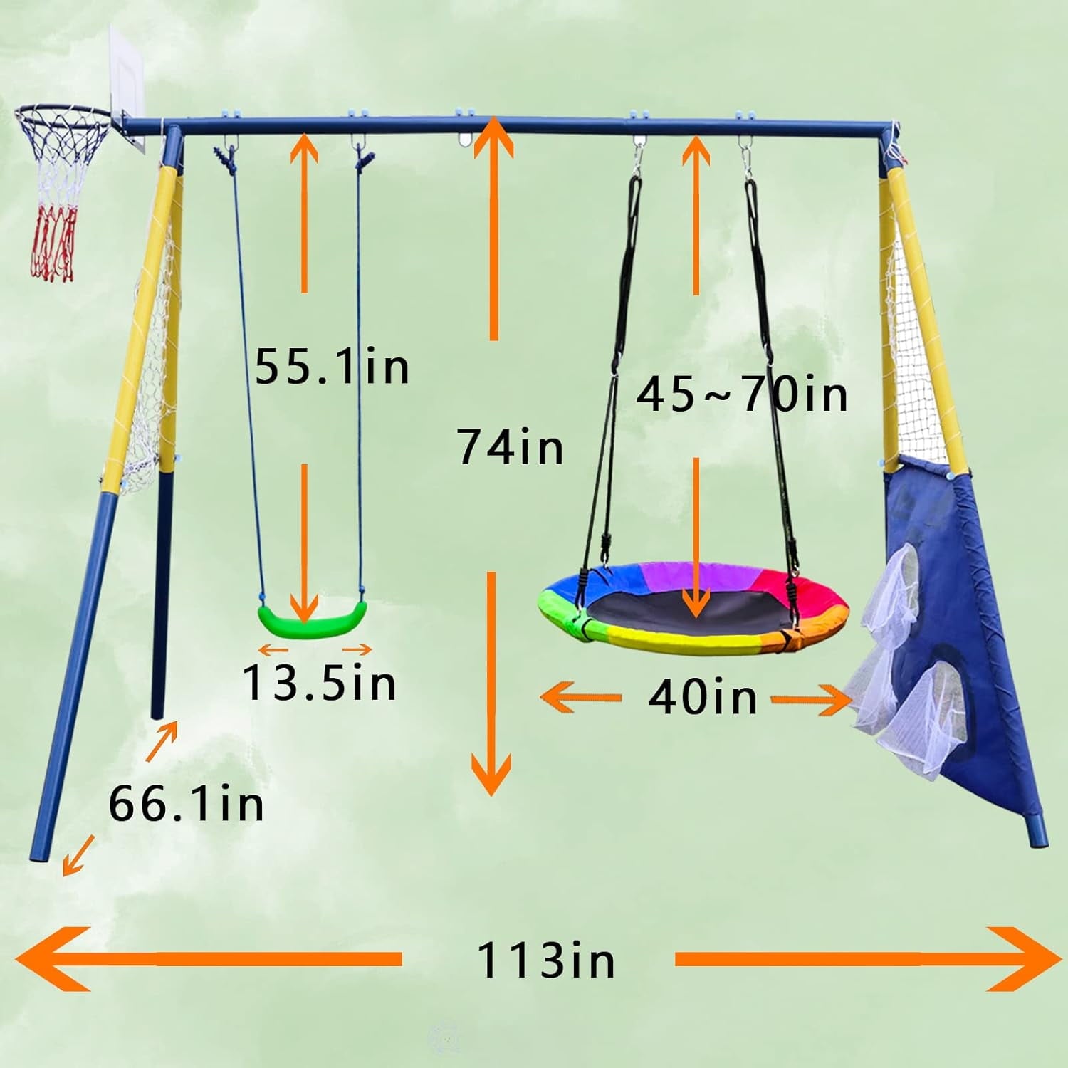 Swing Sets for Outside, A-Frame Swing Set with Basketball Hoop & Soccer Goal