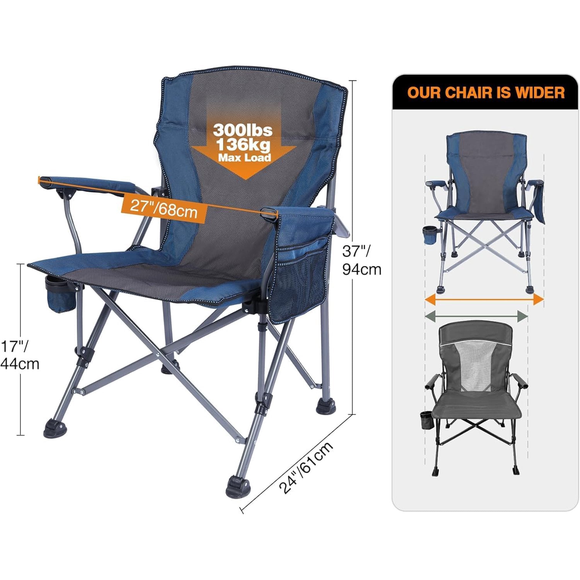 Folding Camping Chairs, Portable Lawn Chairs with Side Pocket and Cup Holder for Adults