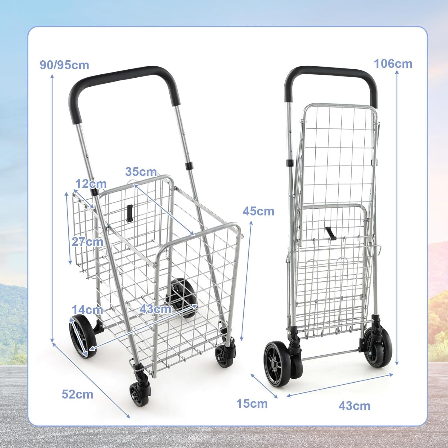 Folding Shopping Cart Utility Trolley Grocery Cart with Wheels Black