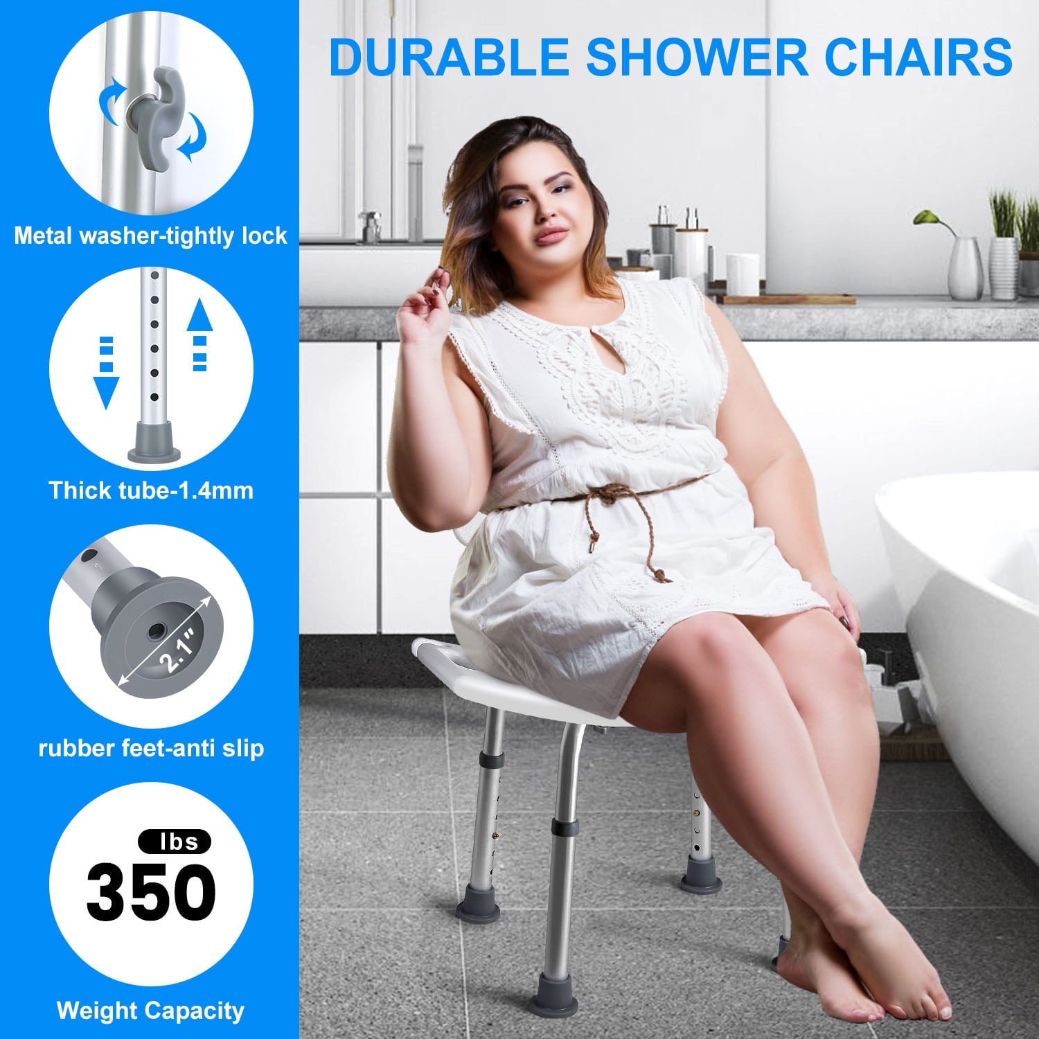 Bath Shower Chair Shower Stool with Shower Grab Bar, Height Adjustable Bath Bench, Support 350 lbs for Seniors, Elderly, Disabled, White