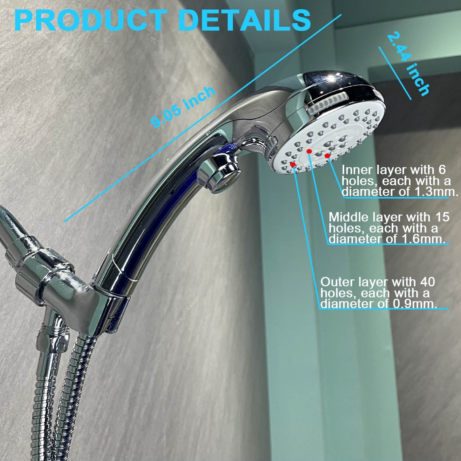 High Pressure Handheld Shower Head with Water Stop Button, Shower Head with Ultra-long Stainless Steel Hose, 5 Spray Settings