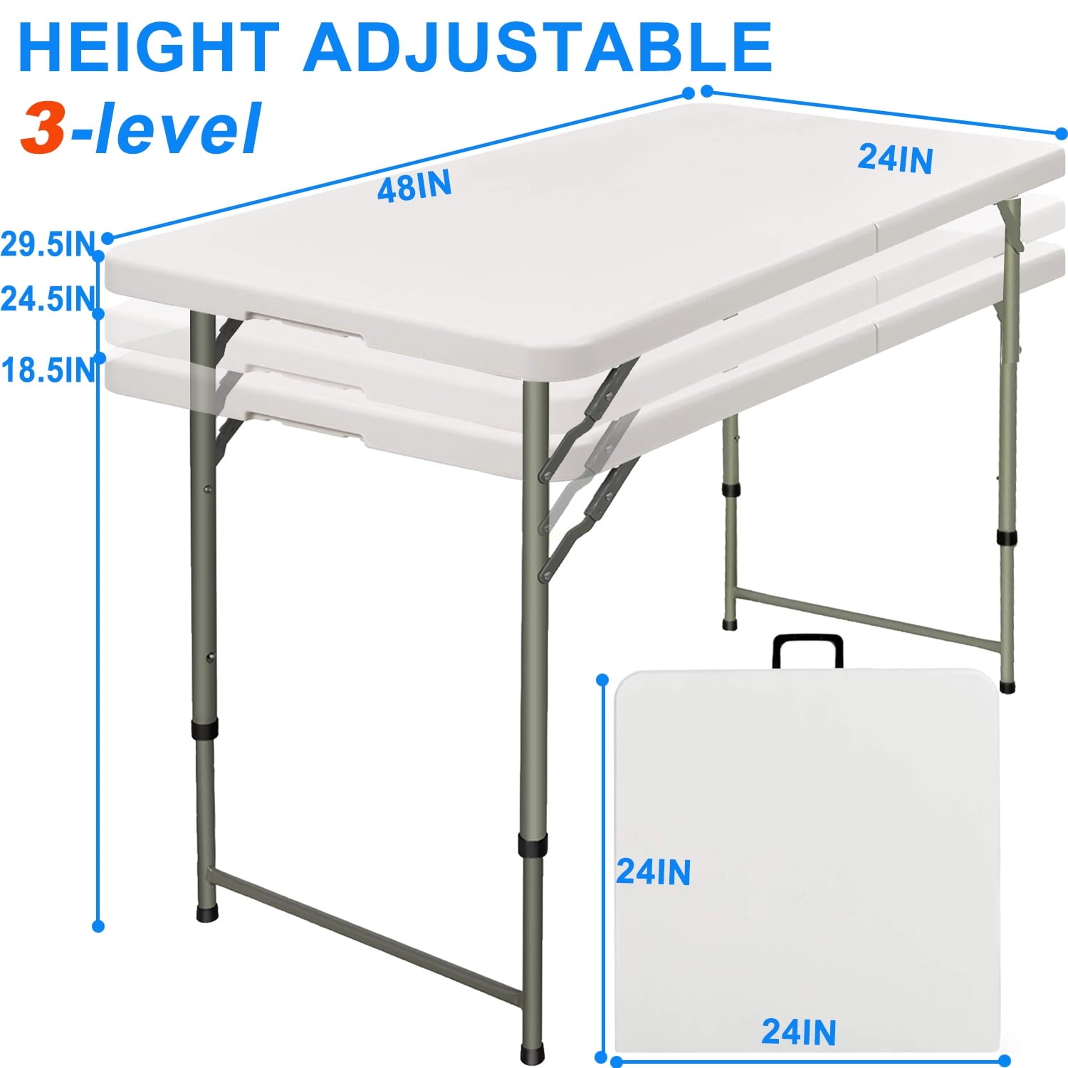 4 Foot Fold-in-Half Adjustable Folding Table, White