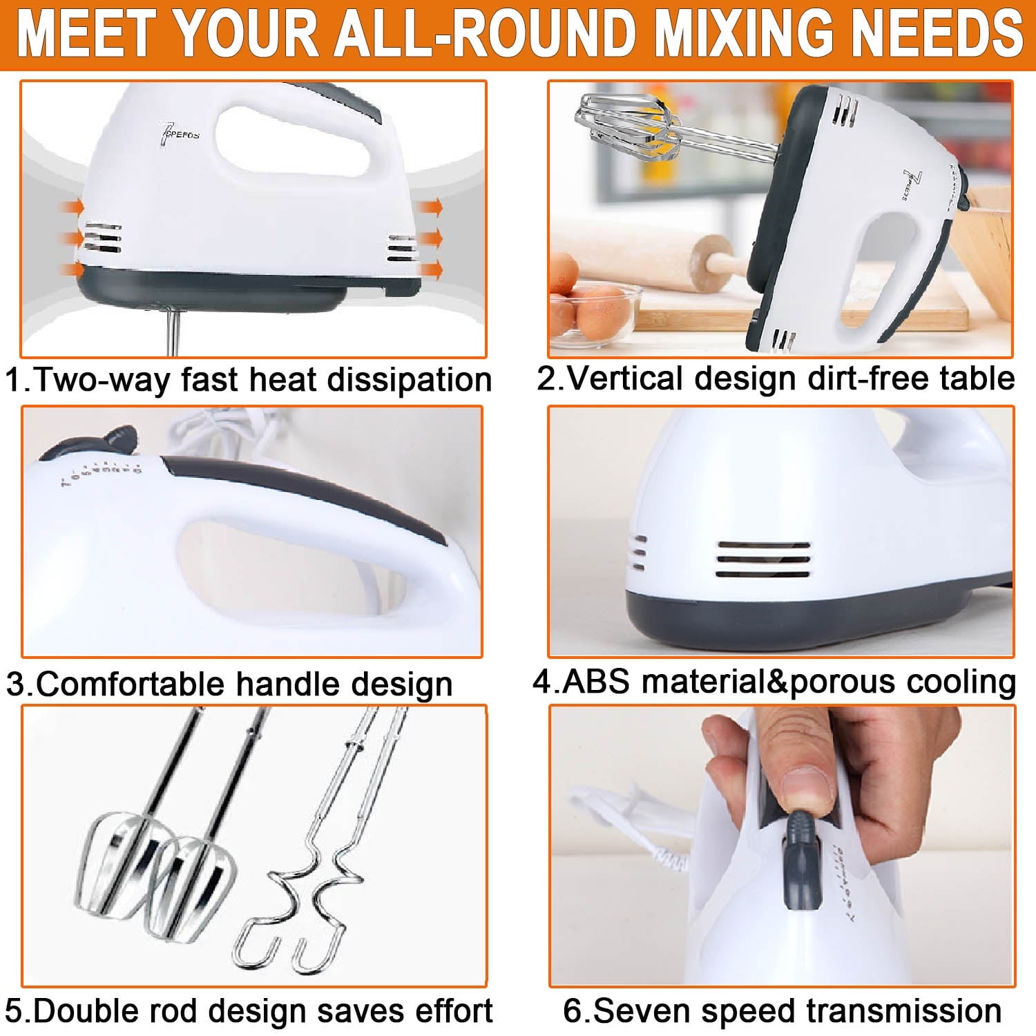 7 Speed Electric Hand Mixer for Kitchen, Blender Quick Burst with 6 Stainless Steel Accessories, 6 Measuring Spoons, 1 Egg Separator for Easy Whipping Dough,Cream,Baking Cake Egg Cream Food Beater