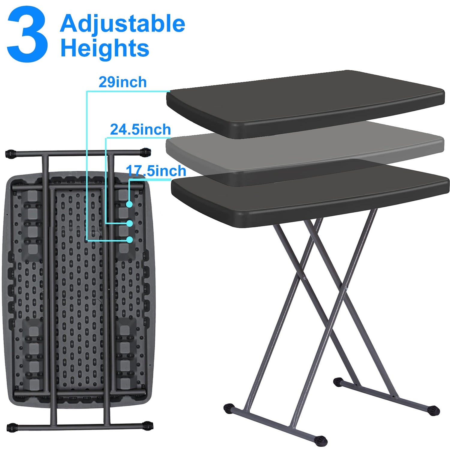 GAZILY 30 inch Personal Folding Table Adjustable Resin TV Tray Table, Black