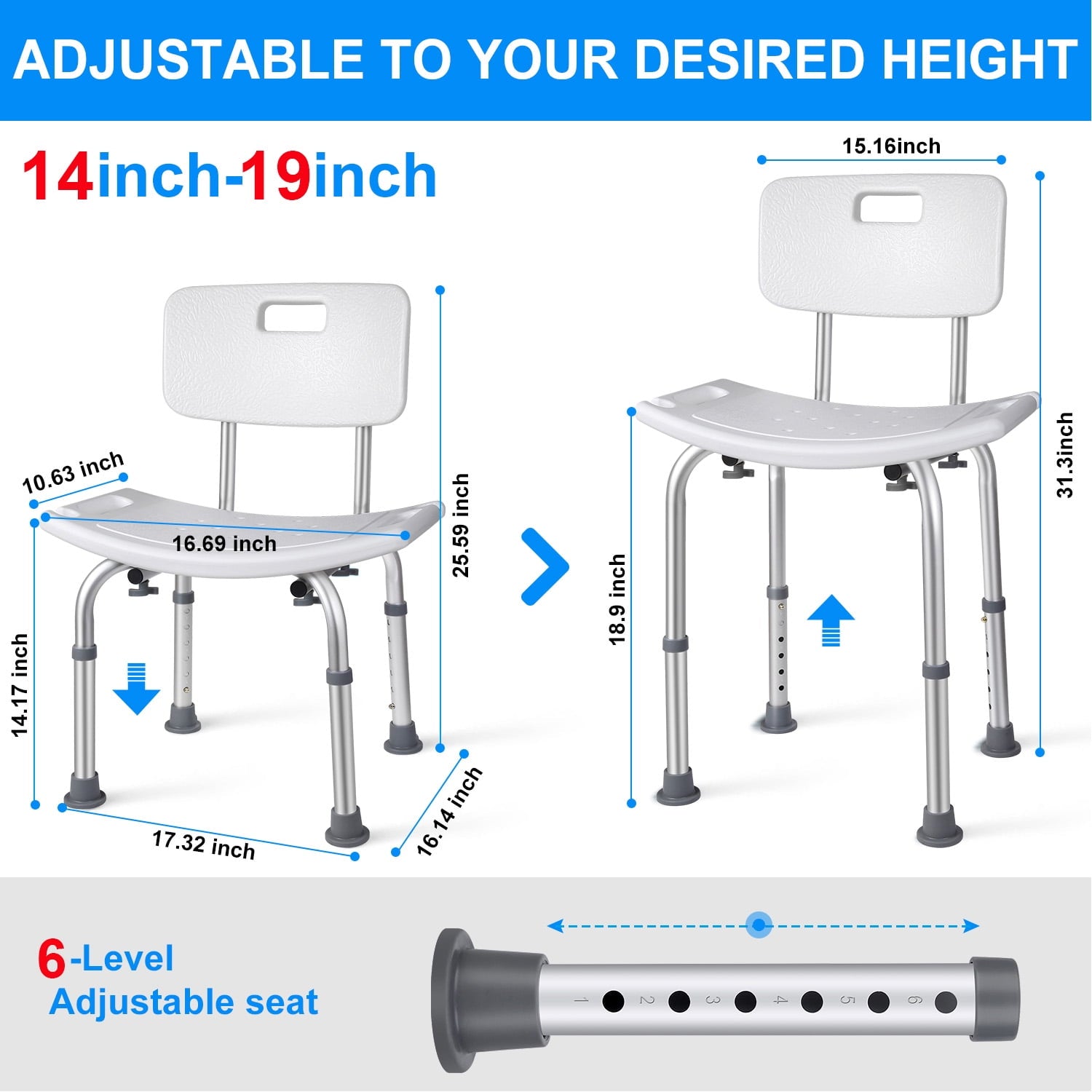 Bath Shower Chair Shower Stool with Shower Grab Bar, Height Adjustable Bath Bench, Support 350 lbs for Seniors, Elderly, Disabled, White