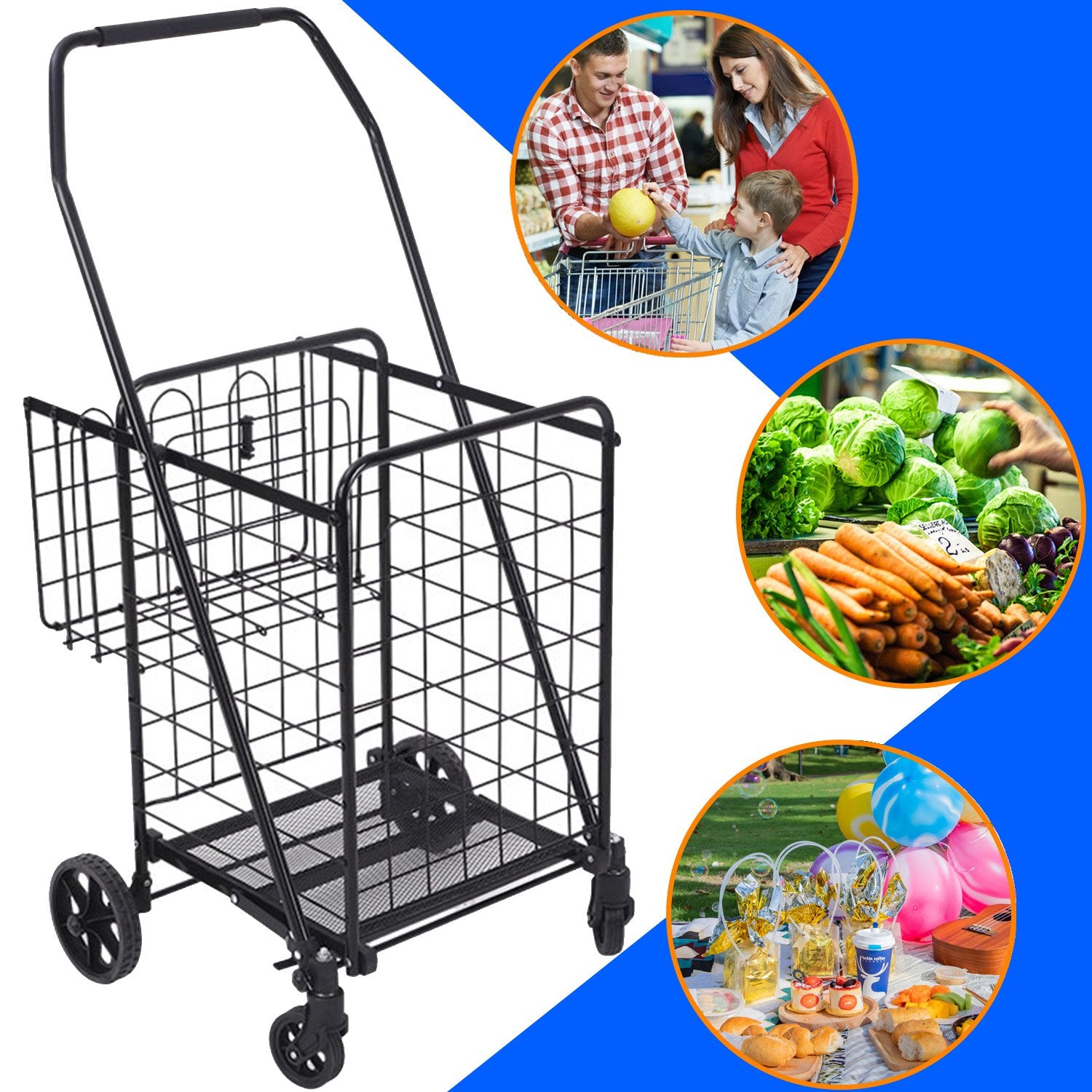 Folding Shopping Cart, Utility Trolley Jumbo Basket with Encrypted Mesh Bottom and Swivel Wheels, Black