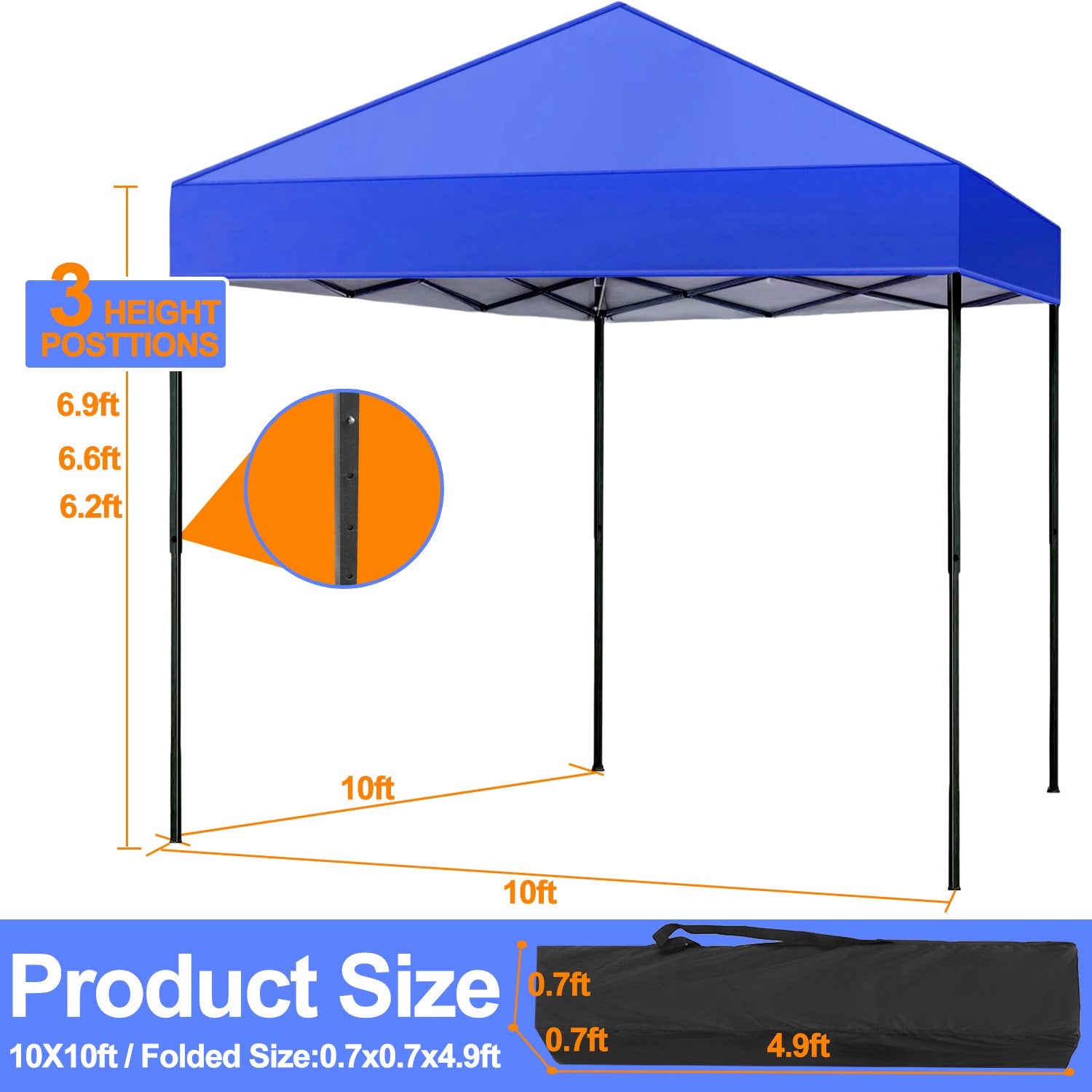 Canopy Tent, 10x10 ft Easy Pop up Outdoor Tent, Portable Straight Leg Gazebo Instant Canopy, Blue