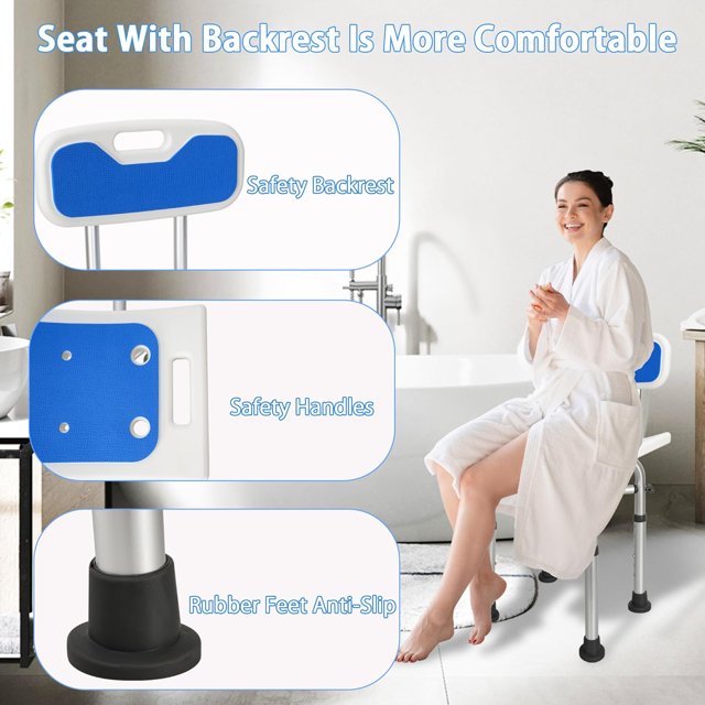 Height Adjustable Shower Chair with Back, Anti-Slip Bath Bench with Handles, Heavy Duty Shower Stool Seat with Unique Crossbar Supports for Elderly and Disabled