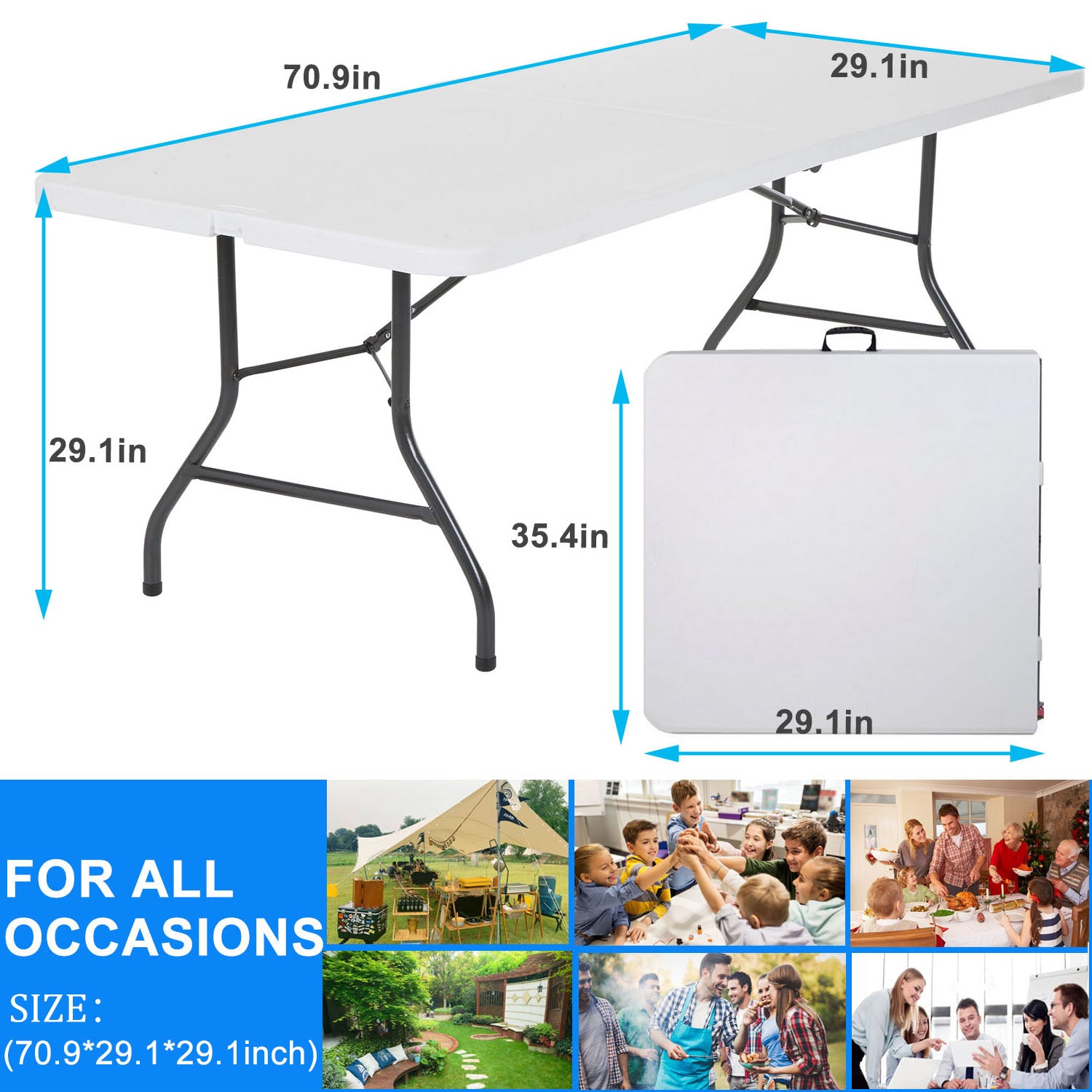 GAZILY 6ft Portable Plastic Folding Table for Home Garden Office Indoor Outdoor, White