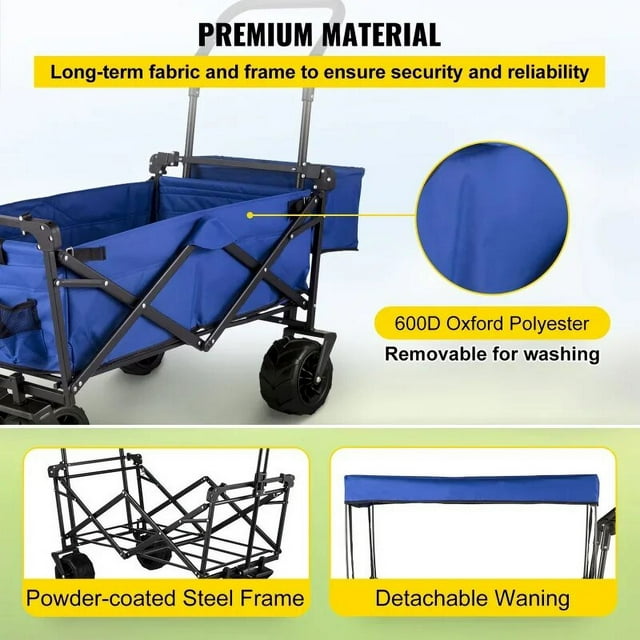 GAZILY Collapsible Wagon Cart Blue, Foldable Wagon Cart Removable Canopy 600D Oxford Cloth, Collapsible Wagon Oversized