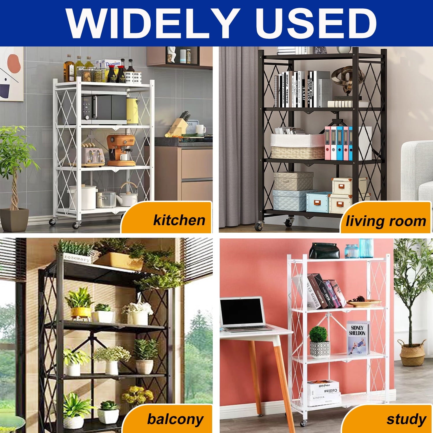 4-Tier Storage Shelving Unit, Foldable Storage Shelves Wire Shelving Unit Adjsutable Shelf Heavy Metal Shelf, 250lbs Capacity Free Standing Racks Organization