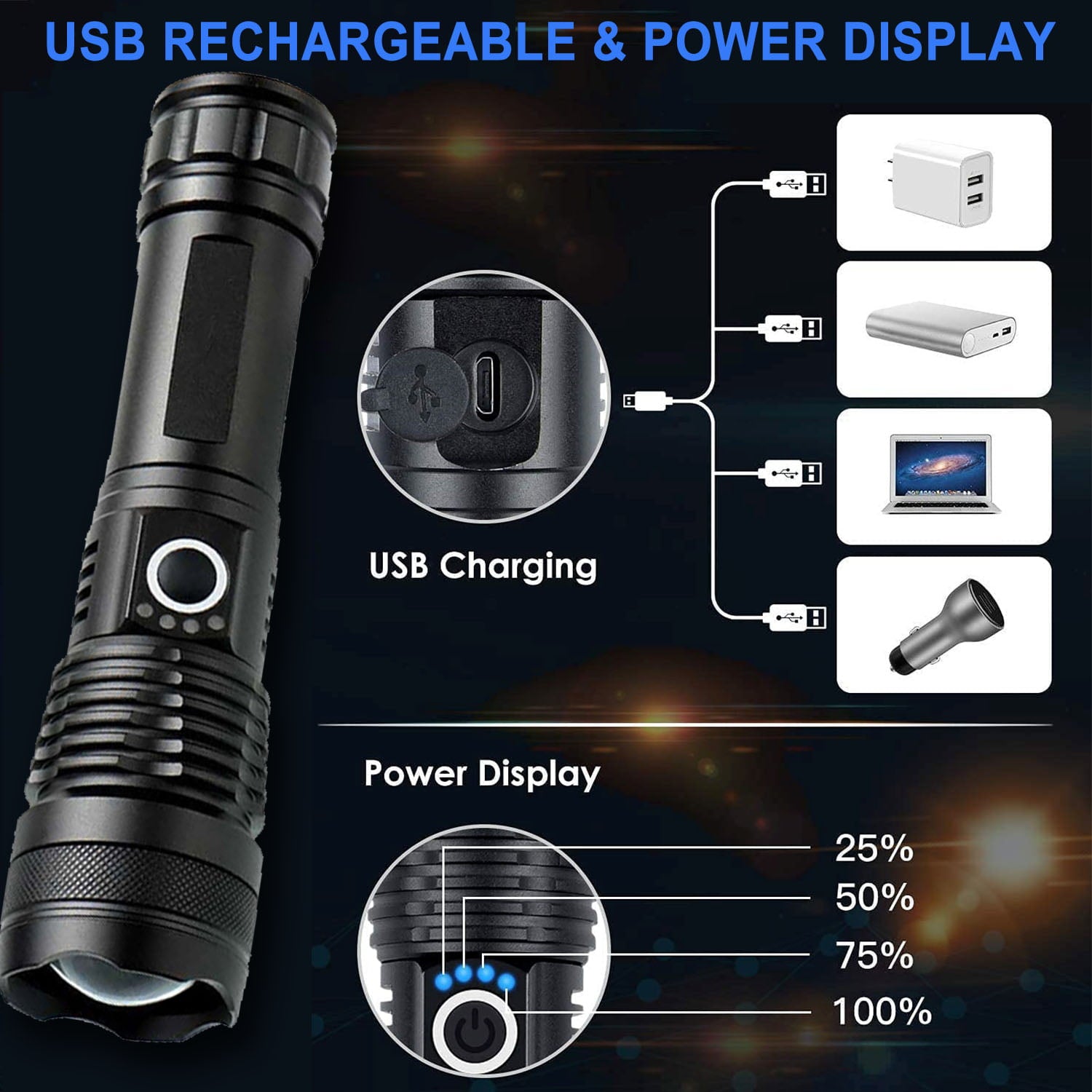 LED Flashlights, Rechargeable Super Bright Flashlight, XHP70 Tactical Flashlight with Zoomable, 5 Modes, Powerful Handheld Flash Light for Emergencies, Camping, Hiking