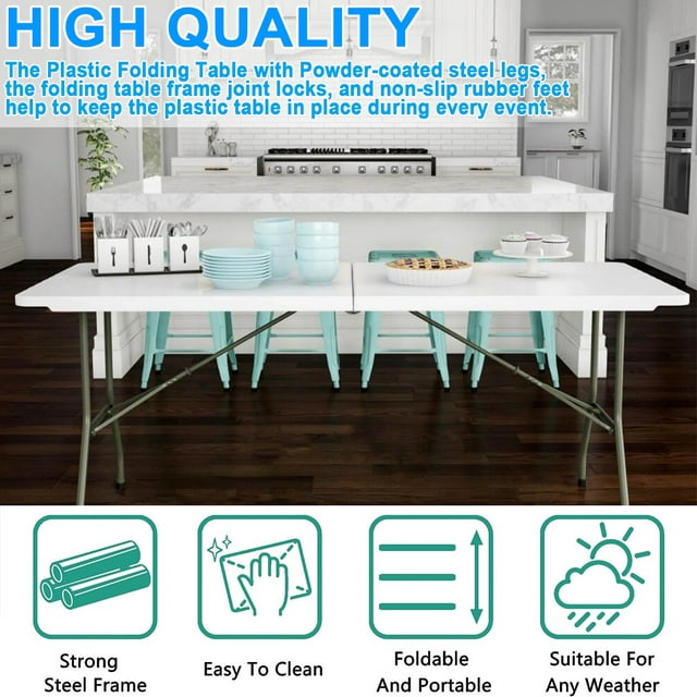 GAZILY 6' Folding Table Portable Plastic Indoor Outdoor Picnic Party Dining Camp Tables, White