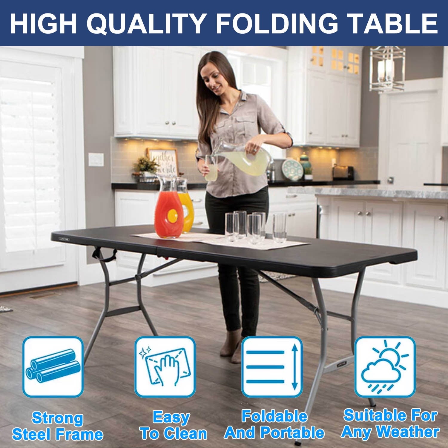 GAZILY 6 Foot Fold-in-Half Adjustable Folding Table, Indoor/Outdoor Essential, Black