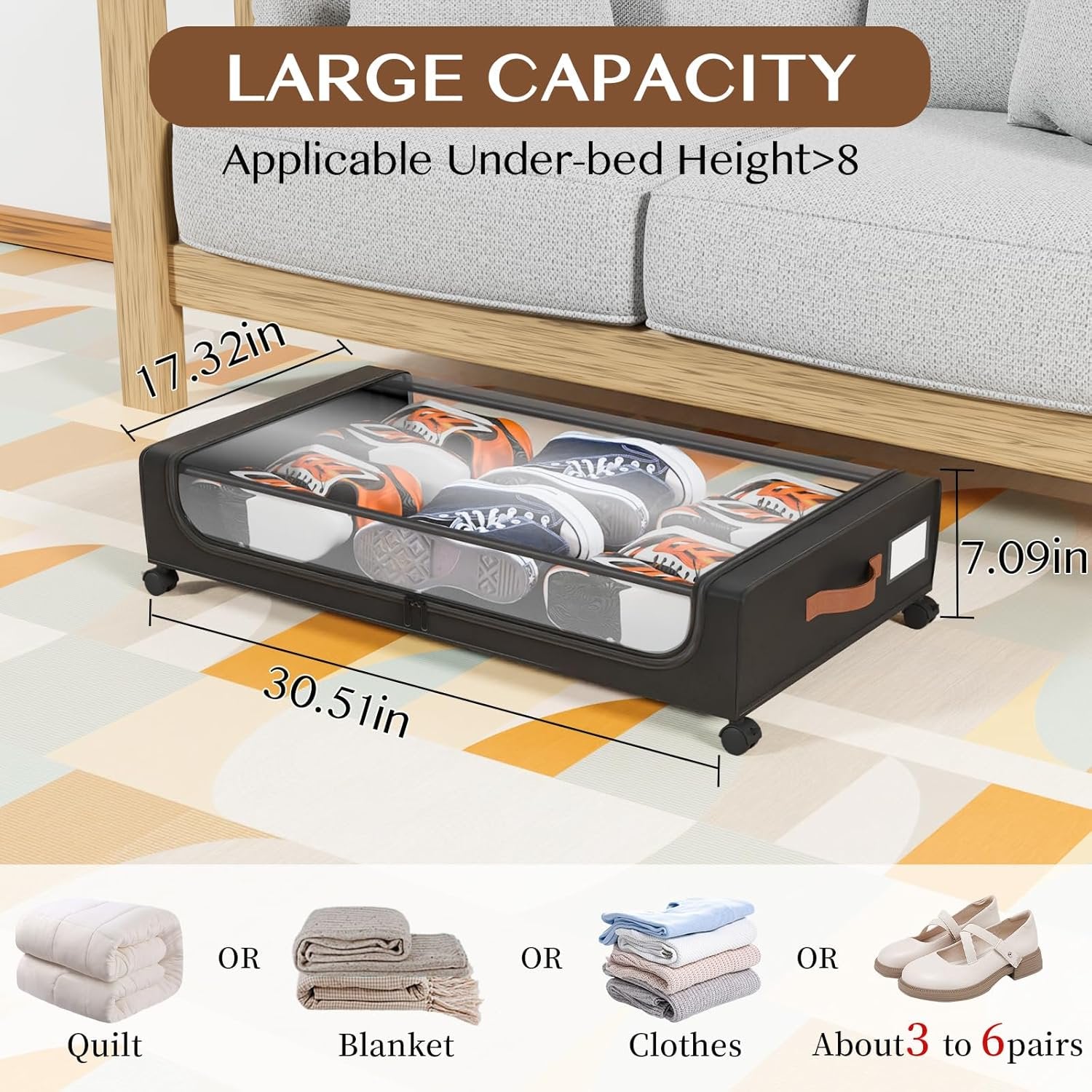 Under Bed Storage with Wheels, 2 Pack Under Bed Storage Containers with Dividers & Clear Lids, Under the bed storage Organizer Bins, Underbed Storage with Wheels for Clothes