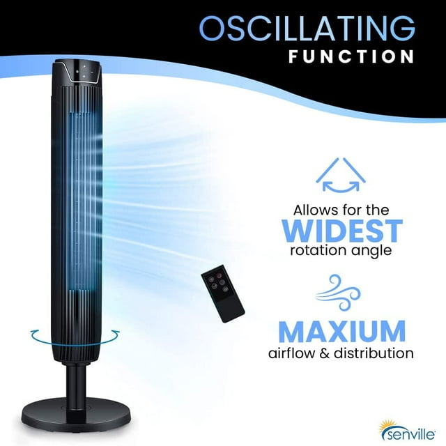 42" Oscillating Tower Fan for Bedroom, Remote, Bladeless, Quiet, 3 Modes, 7-Hour Timer, LED Display, Black