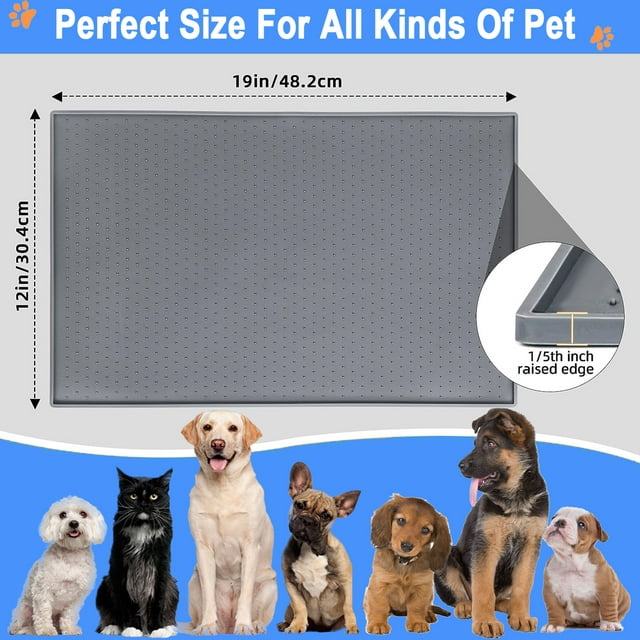 Pet Placemat, 18.9" X 11.8" Pet Feeding Mat Tray,Dog & Cat Feeding Mats for Prevent Food and Water Overflow,with Raised Edges Silicone Mat,Grey