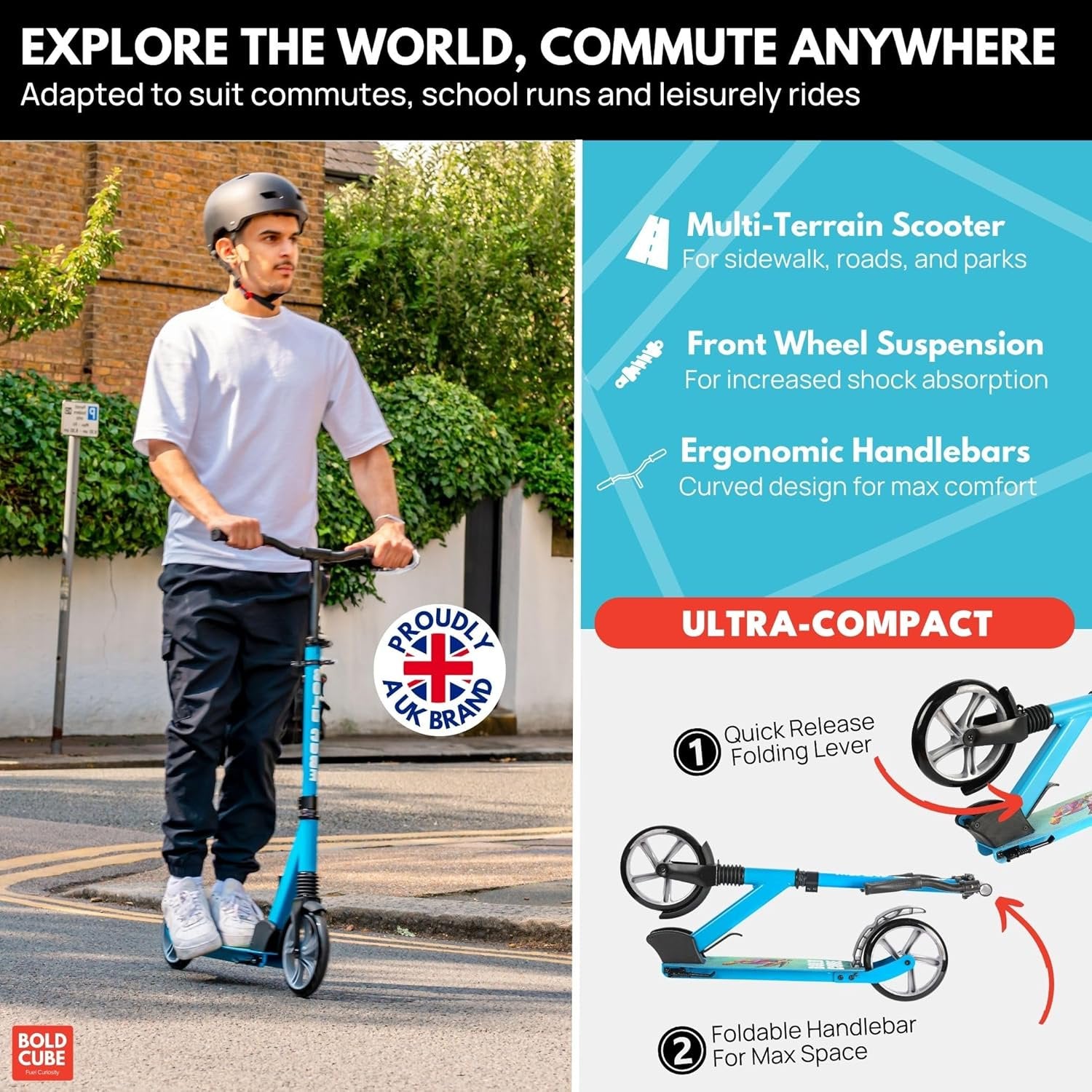 Commuter Scooter, 200mm Big Wheels - Easy Folding - Height Adjustable for Teens & Adults, 220 lbs Weight Limit