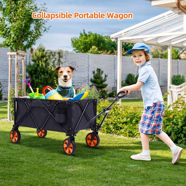 Collapsible Folding Wagon, 440LBS Large Heavy Duty Utility Garden Cart with All-Terrain Wheels and Adjustable Handles for Shopping Camping Sports Outdoor Beach, Black