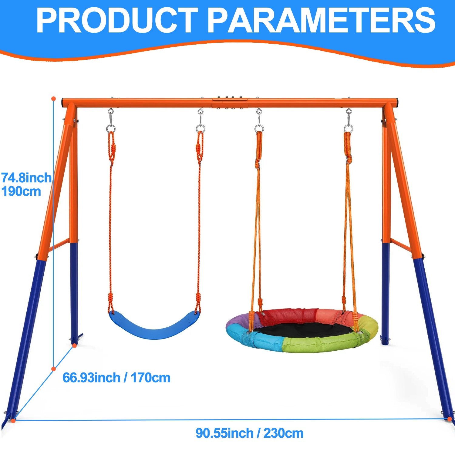 Swing Set for Kids, Heavy Duty Frame Metal Swing Stand with 1 Saucer & 1 Belt Swing Seat for Outdoor