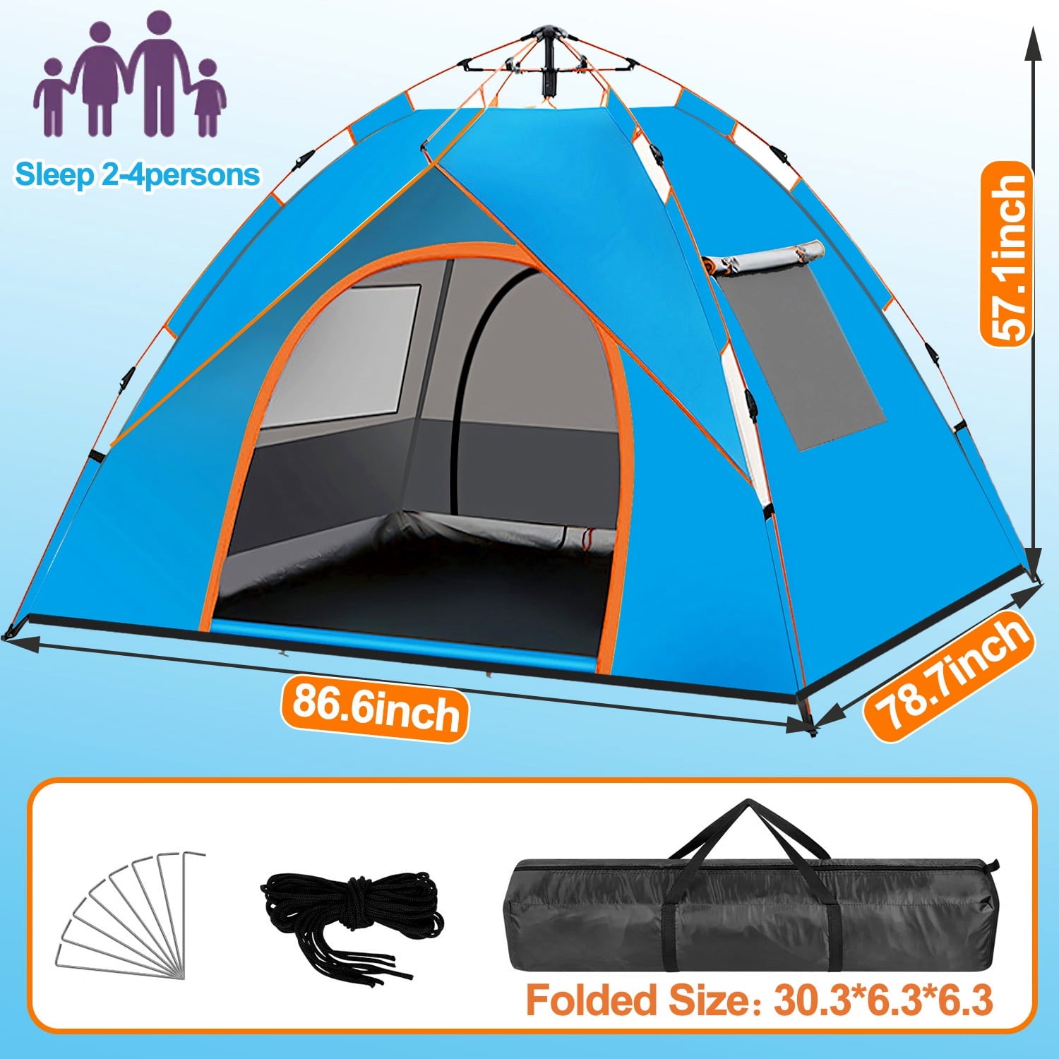 3/4-Person Pop Up Camping Tent with 2 Doors & 2 Windows for Camping/Traveling/Family Gathering/Hiking/Beach