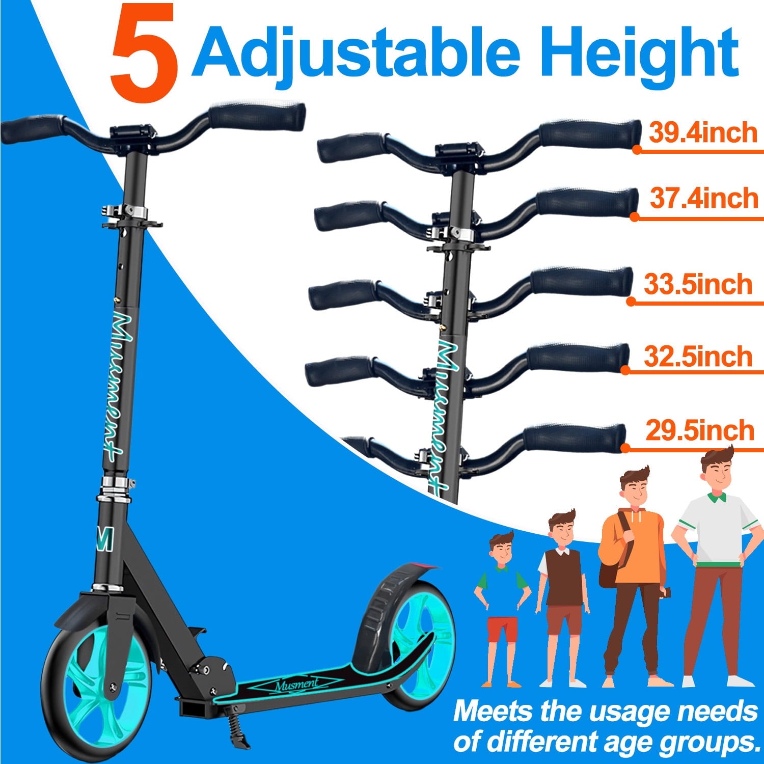 Foldable Scooter -200mm Big Wheels 4 Levels Height Adjustable for Kid, Teens & Adults - Unisex, Black