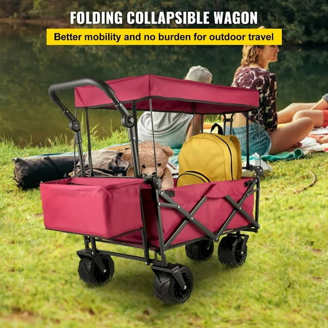 GAZILY Collapsible Wagon Cart Red, Foldable Wagon Cart Removable Canopy Oxford Cloth, Collapsible Wagon Oversized Wheel