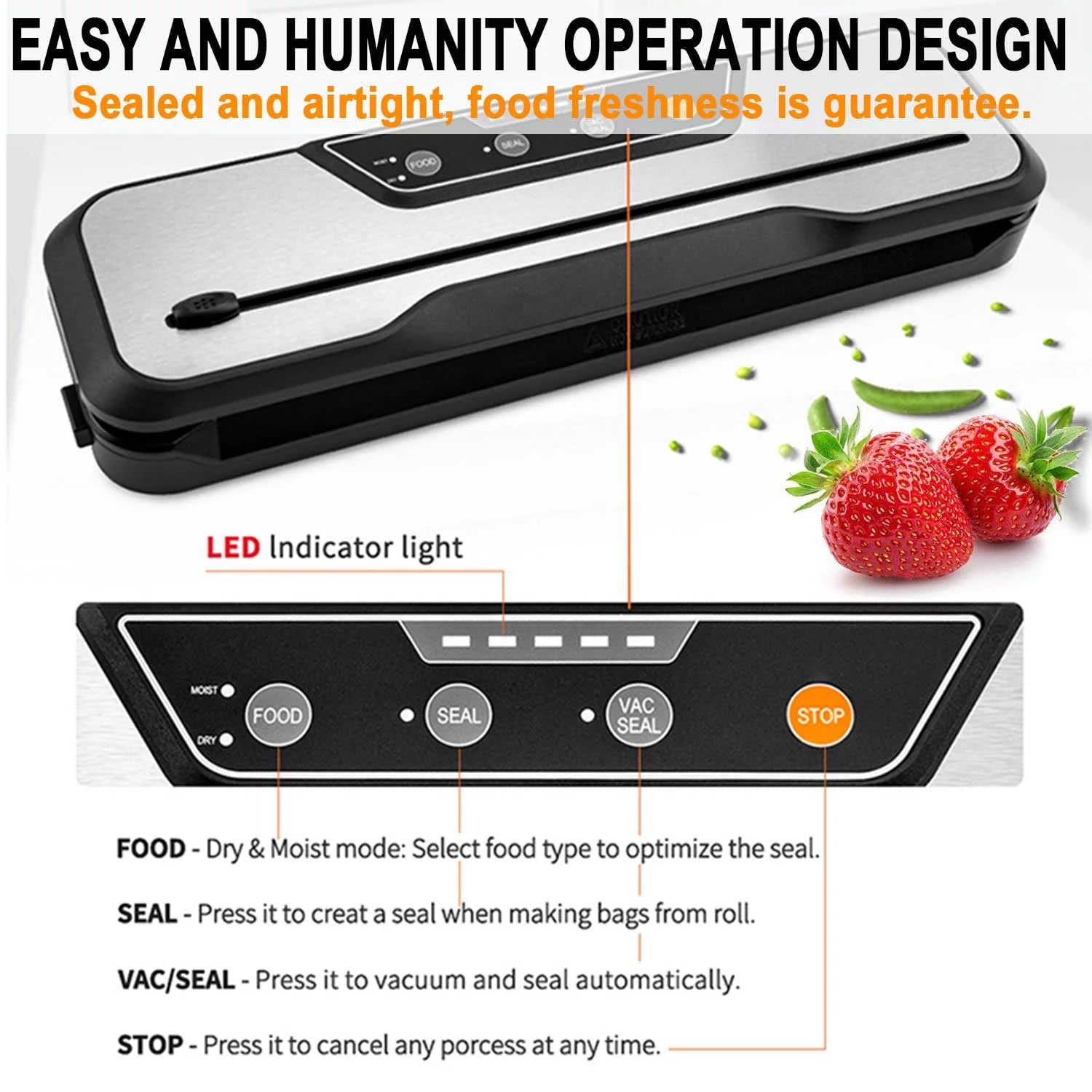 Vacuum Sealer Machine with 2 Rolls Food Vacuum Sealer Bags, Food Storage Saver Dry & Moist Food Modes, Led Indicator Lights