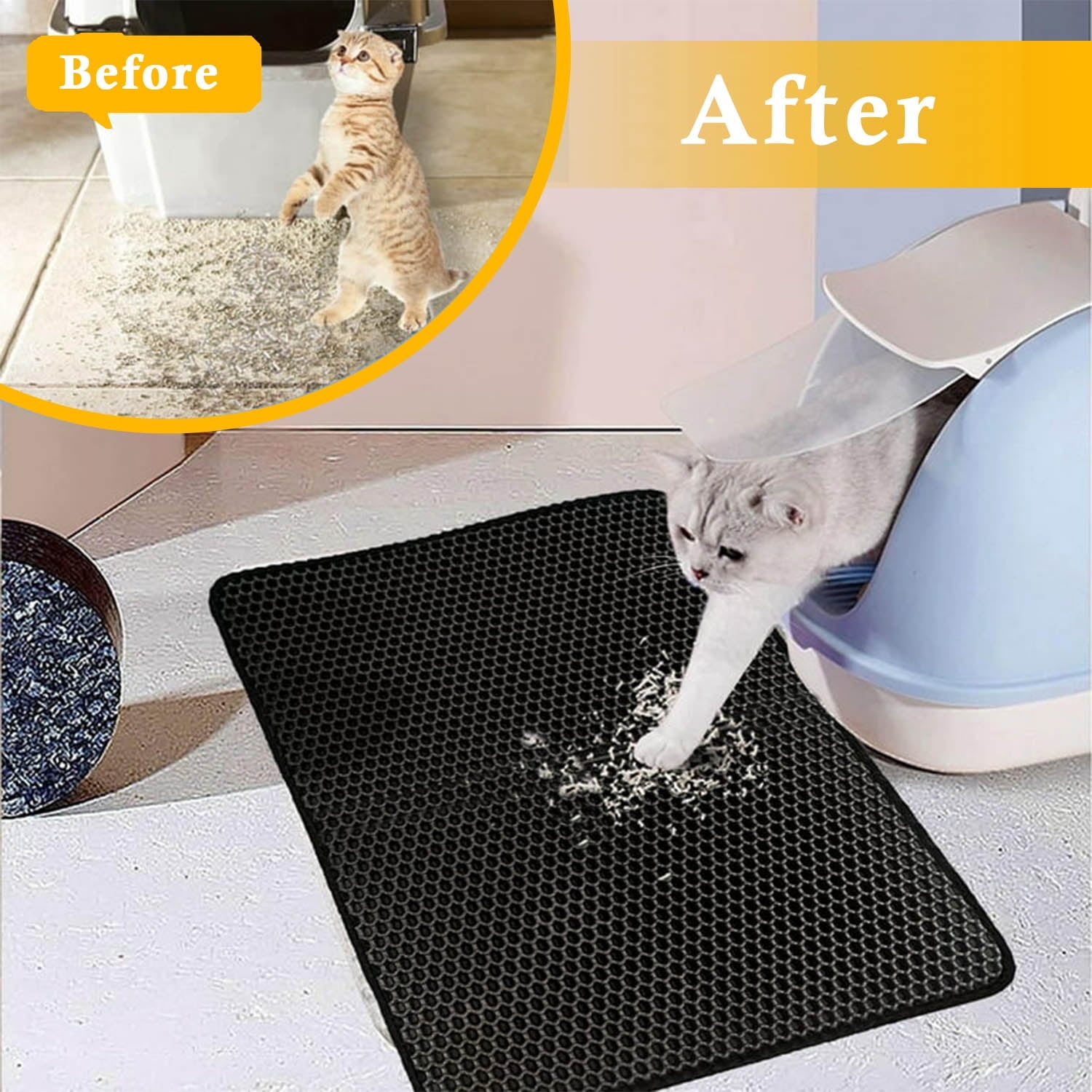 16x20 inch Cat Litter Mat,Honeycomb Double Layer Urine Waterproof,for Litter Box,black