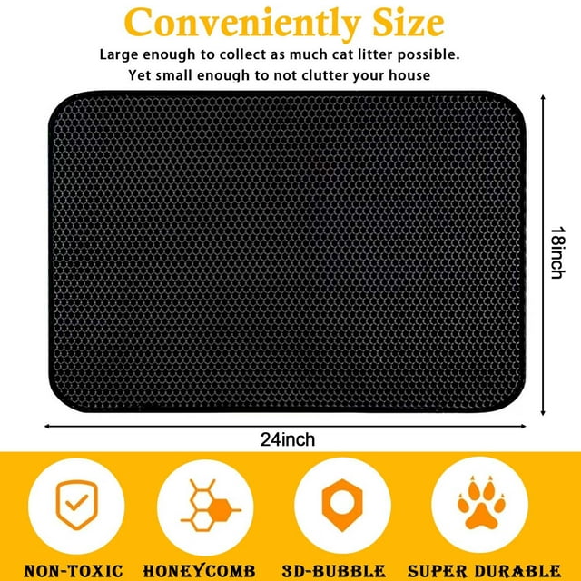 18x24 inch Cat Litter Mat Trapping for Litter Box,Honeycomb Double Layer Design-Urine & Waterproof,Washable Easy Clean,Black