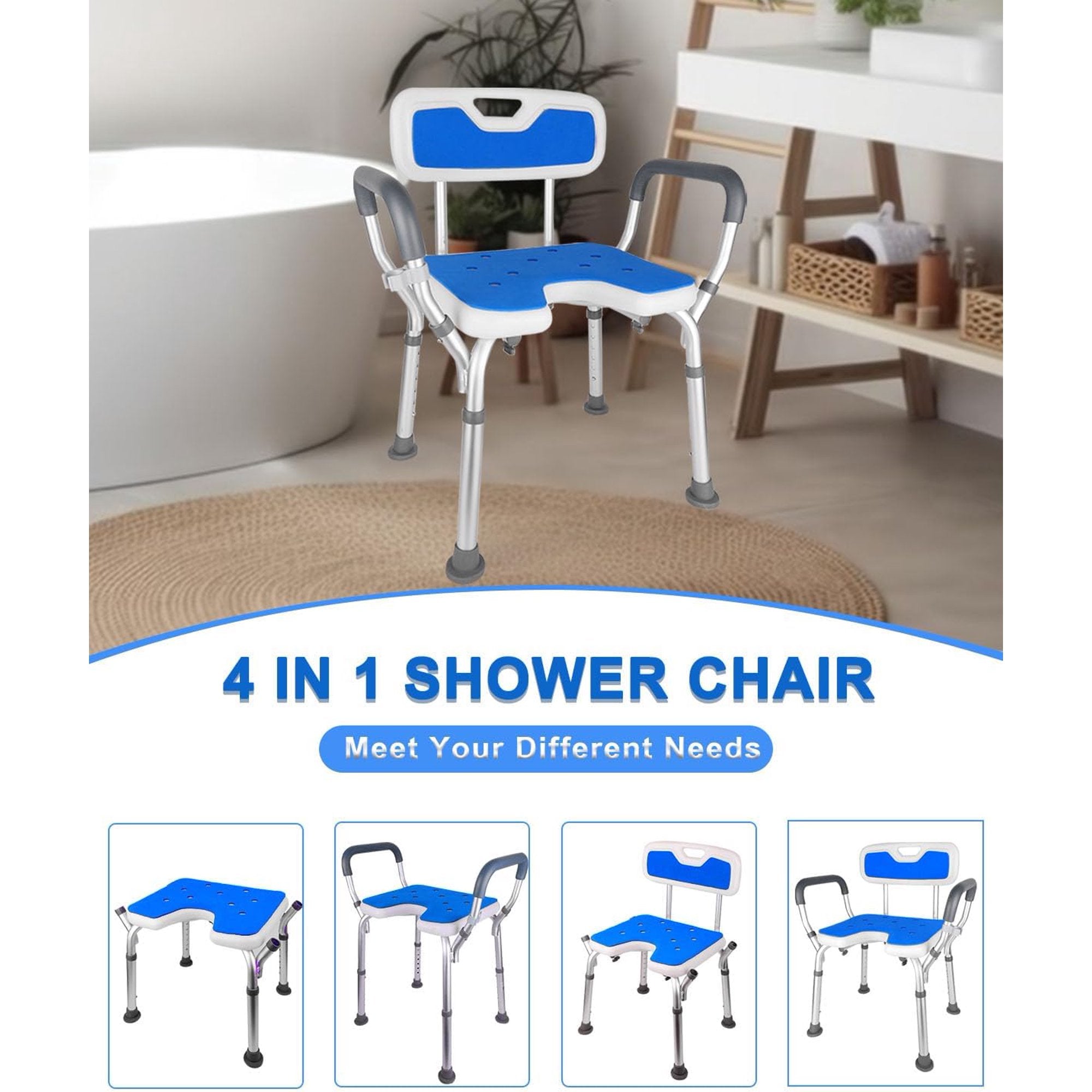 Shower Chair Bath Seat with Back and Padded Armrests,6 Height Adjustable, Supports up to 350 lbs, White