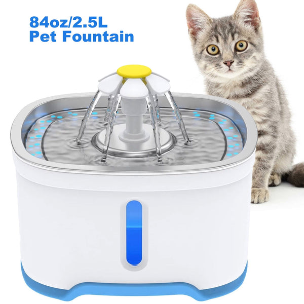 Cat Water Fountain Stainless Steel, 84oz/2.5L Automatic Pet Water Fountain with Water Level Window and LED Light for Water Shortage Alert