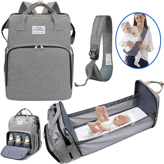 Diaper Bag Backpack,Baby Diaper Bags, A Baby Crib That Can Be Varried on Its Back, Multifunctional Travel Diaper Waterproof Backpack for Baby Boy & Girls, with Baby Carrier,Grey