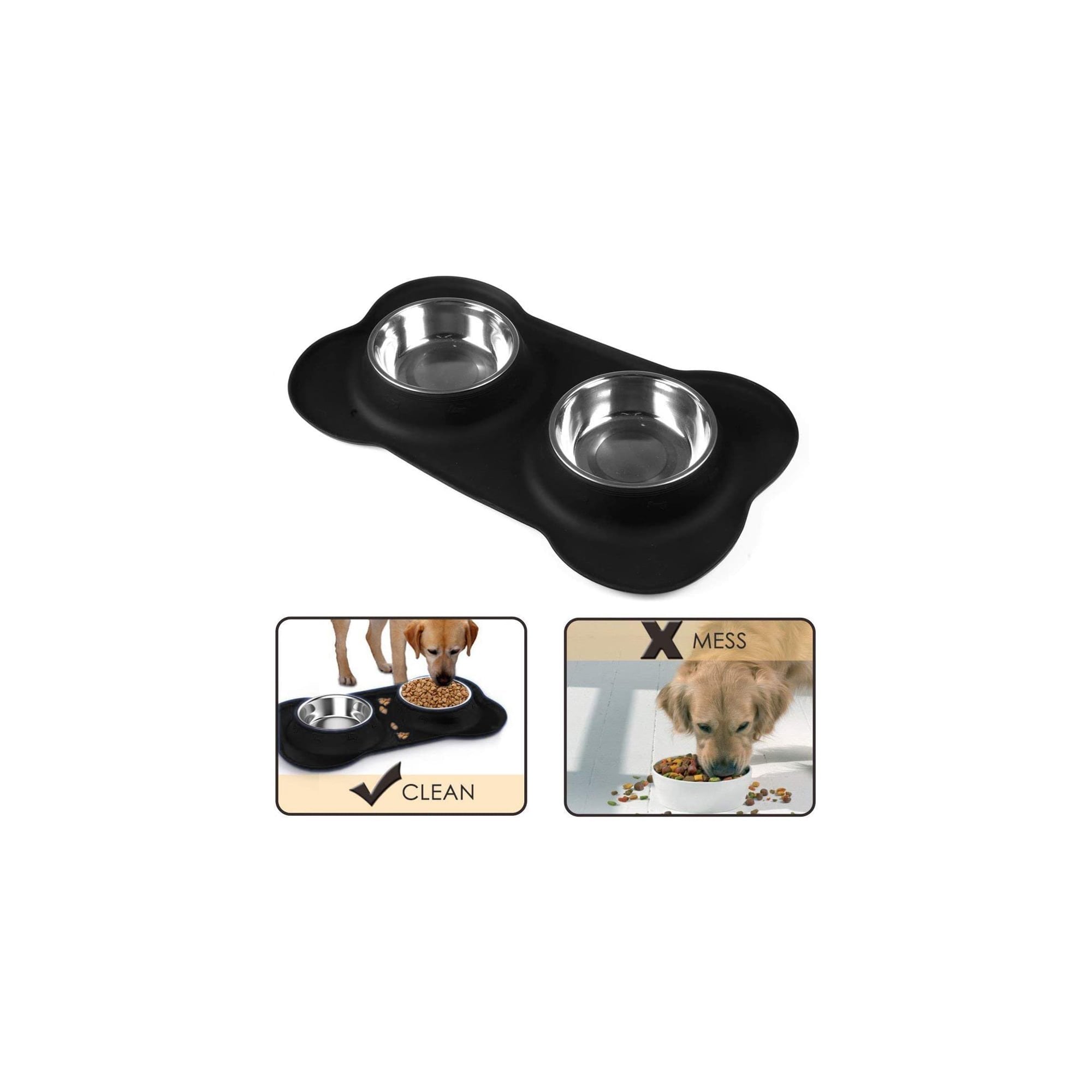 Dog Bowls, Double Dog and Cat Bowls with Anti-Overflow and Anti-Skid Food Mat