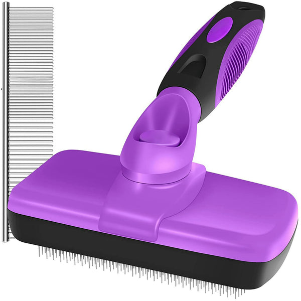 Dog Brush & Cat Brush - Self Cleaning Slicker Brush + Comb included, for Shedding and Grooming Loose Undercoat, Mats - for Small, Medium & Large Dogs and Cats with Short to Long Hair, Purple