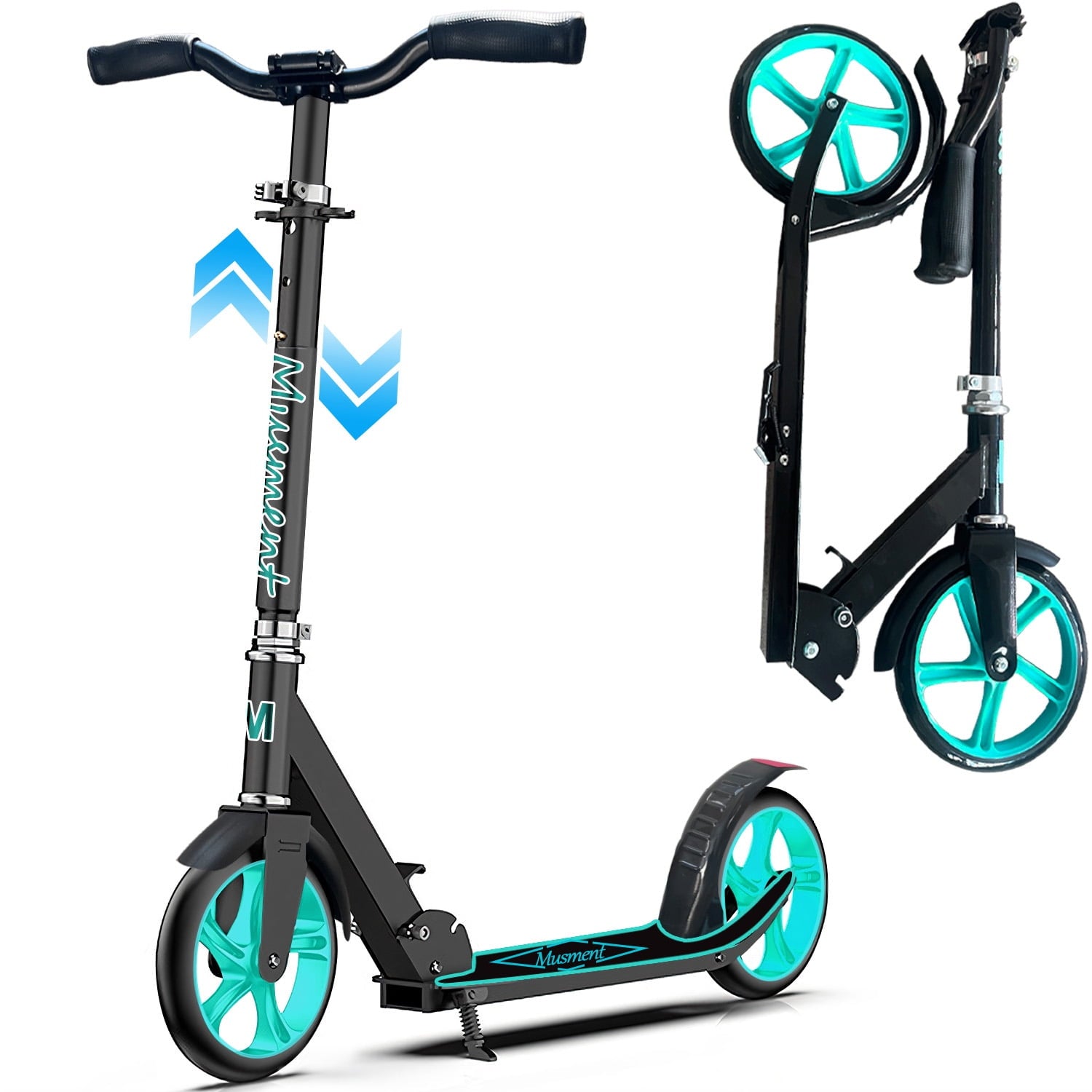 Foldable Scooter -200mm Big Wheels 4 Levels Height Adjustable for Kid, Teens & Adults - Unisex, Black