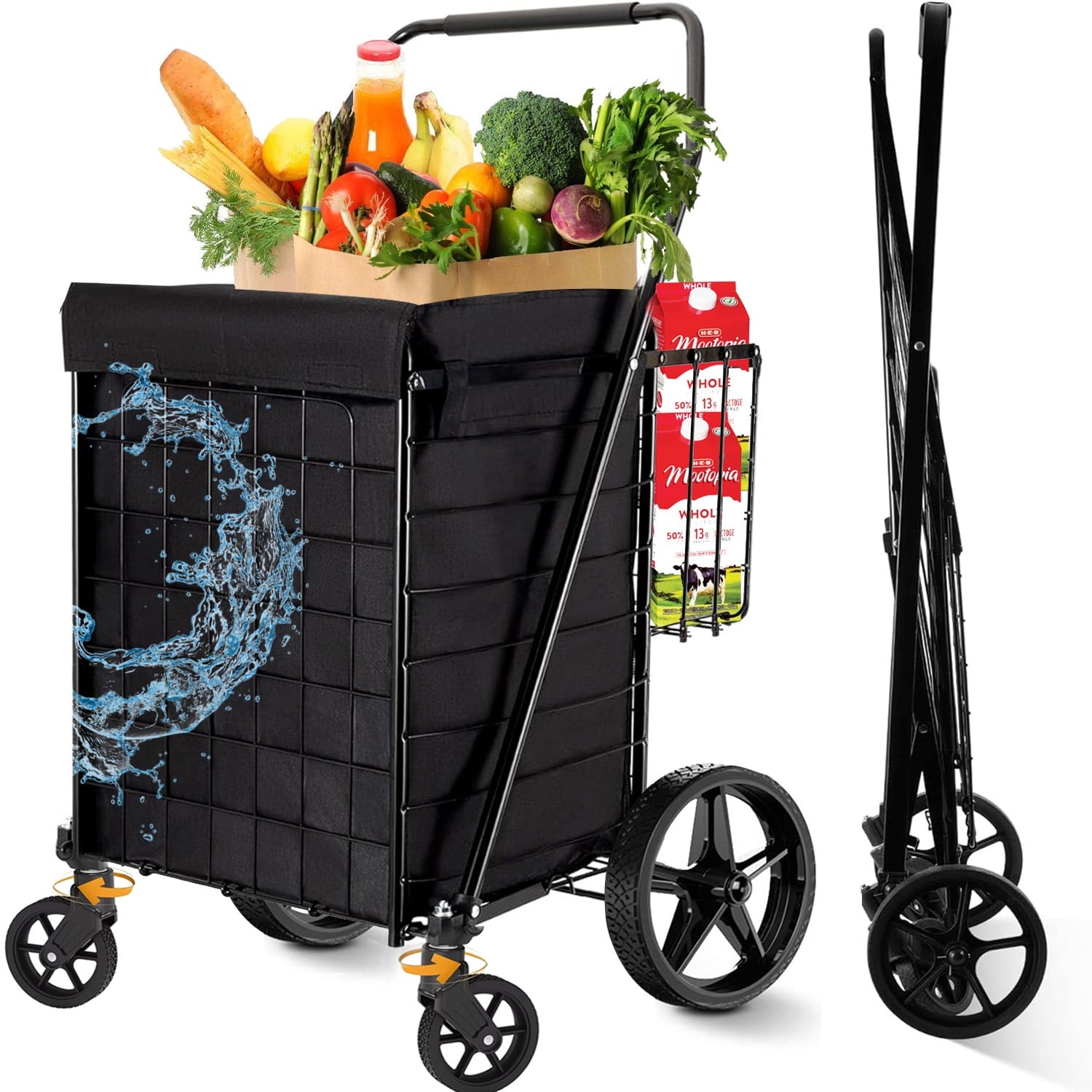 Folding Shopping Cart, Utility Trolley with Removable Basket and Swivel Wheels, Black