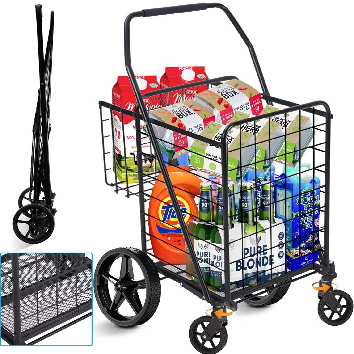 Folding Shopping Cart, Utility Trolley Jumbo Basket with Encrypted Mesh Bottom and Swivel Wheels, Black