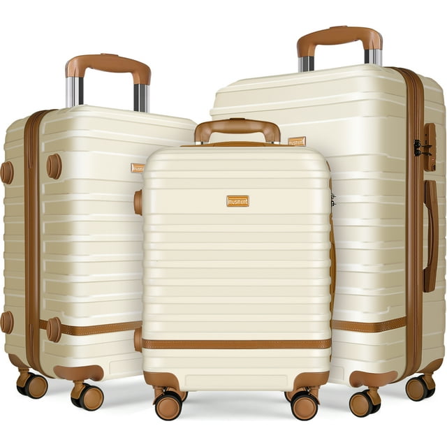 GAZILY 3 Piece Luggage Sets ,ABS Hardshell Lightweight Suitcase with TSA Lock Double Spinner Wheels,Ivory