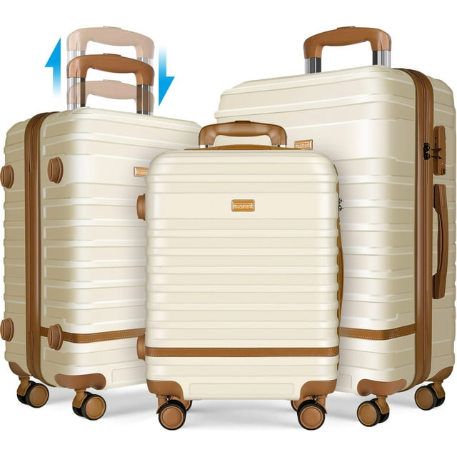 GAZILY 3 Piece Luggage Sets ABS Hardshell Lightweight Suitcase with TSA Lock and Double Spinner Wheels ,Ivory