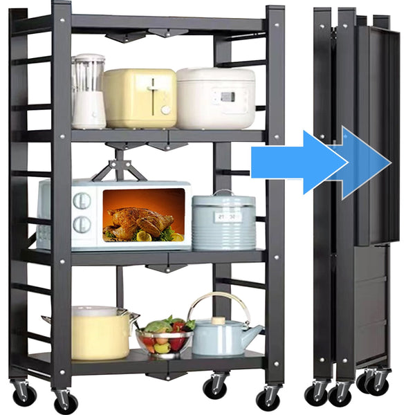 GAZILY 4-Tier Storage Shelf Rack, 250lbs Capacity Heavy Duty Metal Shelf , Foldable Storage Shelving Unit with Wheels, Garage Shelf, Metal Storage Rack, Kitchen Shelf , No Assemble Require