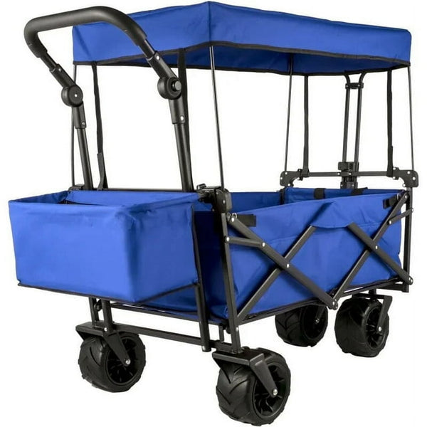 GAZILY Collapsible Wagon Cart Blue, Foldable Wagon Cart Removable Canopy 600D Oxford Cloth, Collapsible Wagon Oversized