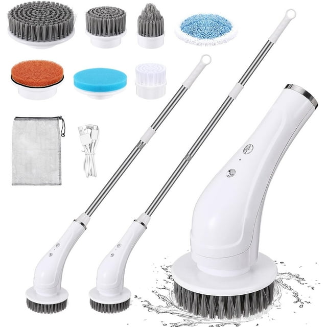 GAZILY Electric Spin Scrubber, Cordless Power Cleaning Brush with 7 Replaceable Brush Head, 90min Work Time, 2 Adjustable Handle, 3 Speeds Power Scrubbers