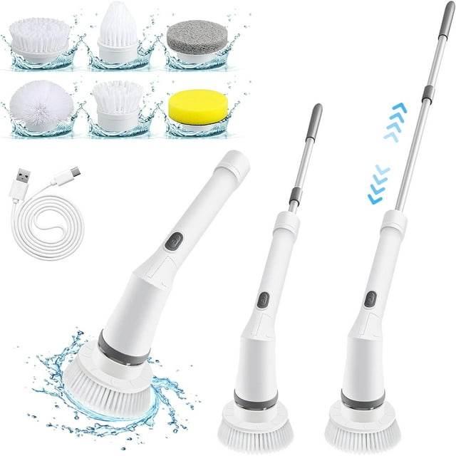 GAZILY Electric Spin Scrubber, Cordless Spin Scrubber with 6 Replaceable Brush Heads and Adjustable Extension Handle, Power Cleaning Brush for Shower Bathtub Sink Tile Floor