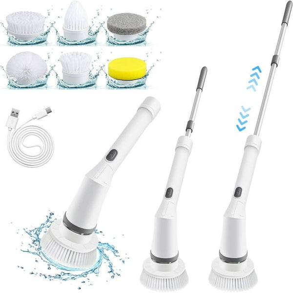 GAZILY Electric Spin Scrubber, Cordless Spin Scrubber with 6 Replaceable Brush Heads and Adjustable Extension Handle, Power Cleaning Brush for Shower Bathtub Sink Tile Floor