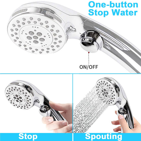 High Pressure Handheld Shower Head with Water Stop Button, Shower Head with Ultra-long Stainless Steel Hose, 5 Spray Settings