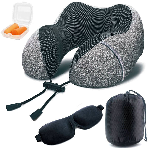 Memory Travel Pillow, Foam Neck Pillow, Upgrade Design Perfect Support U Shaped Pillow with 3D Contoured Eye Mask, Earplugs, Travel Bag