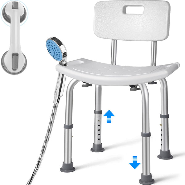 Bath Shower Chair Shower Stool with Shower Grab Bar, Height Adjustable Bath Bench, Support 350 lbs for Seniors, Elderly, Disabled, White