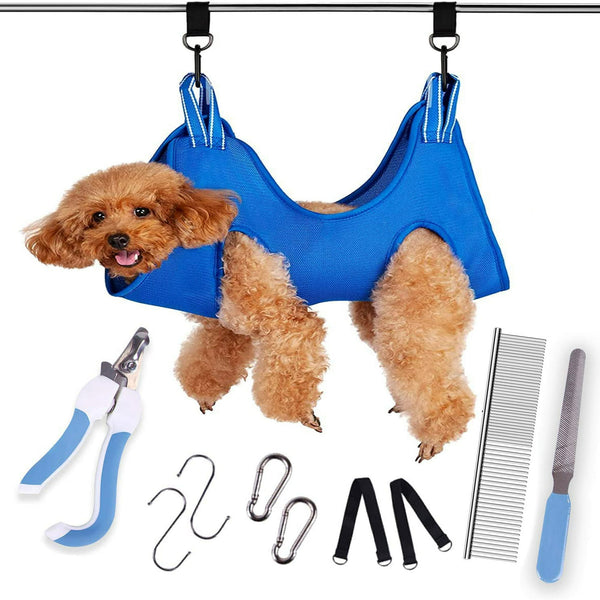 Pet Grooming Hammock for Dogs, 10 in 1 Dog Grooming Harness, Nail Clippers, Grooming Hammock Helper for Dogs, Scissors with Dog Sling for Nail Clipping Nail Trimmers(M, Blue)