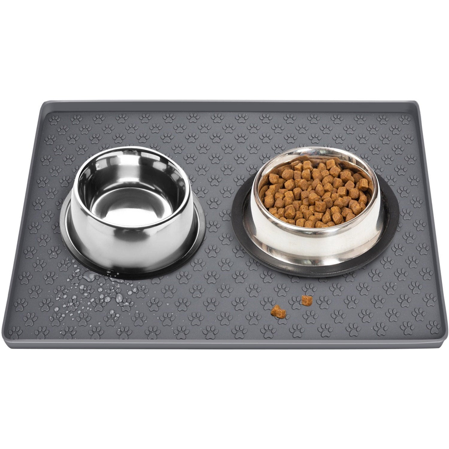 Pet Placemat, 18.9" X 11.8" Pet Feeding Mat Tray,Dog & Cat Feeding Mats for Prevent Food and Water Overflow,with Raised Edges Silicone Mat,Grey